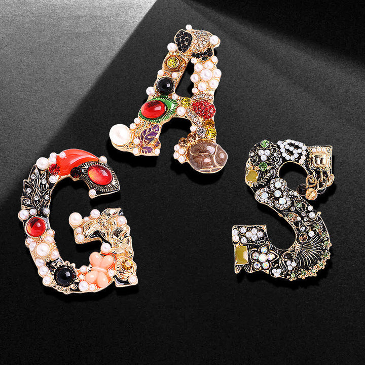 Retro Fashion Rhinestone Pearl Letter Brooch