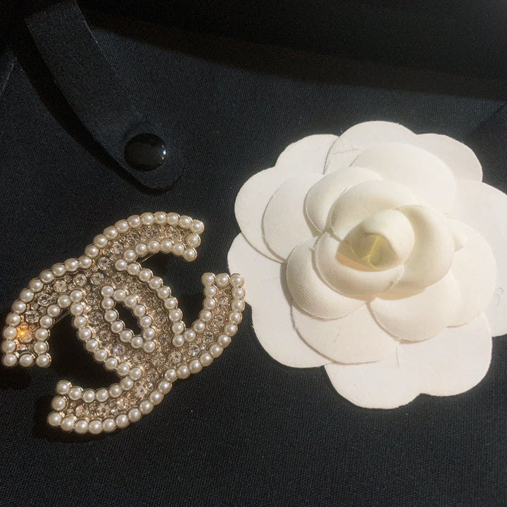 Fashion Rhinestone Pearl Double C Brooch