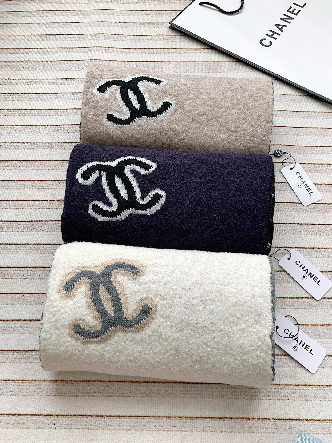 3 colors double C cashmere knitted long scarf